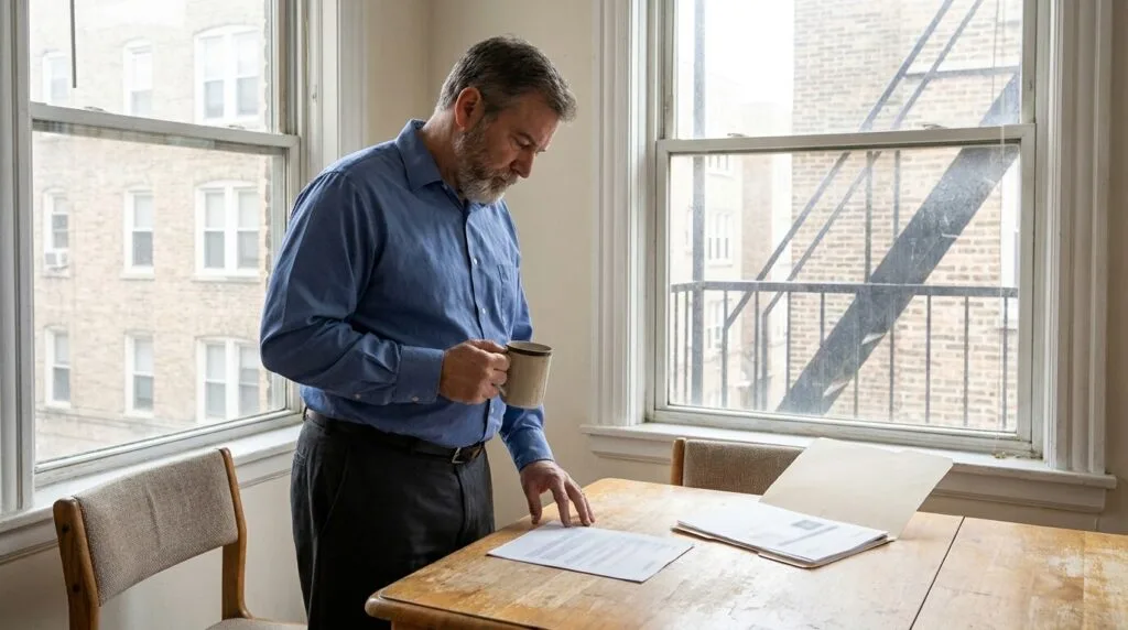 man holding coffee mug reviewing documents on wooden table near windows