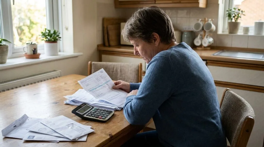 woman reviewing financial documents and calculator at kitchen table