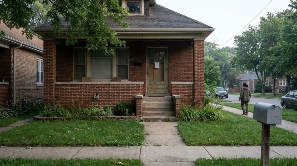 neglected brick bungalow with overgrown lawn, notice posted on front door