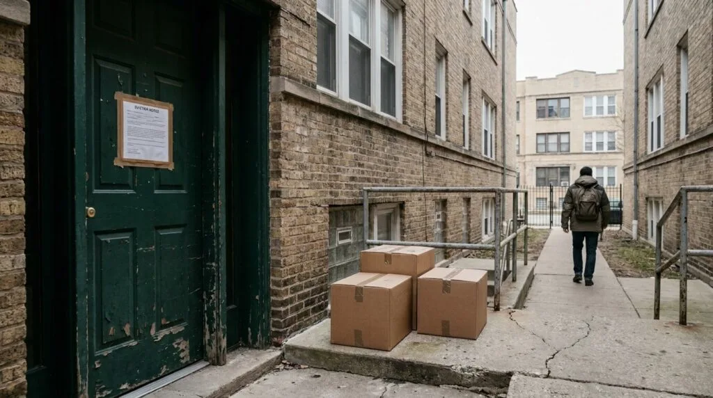eviction notice posted on apartment door with packed cardboard boxes outside