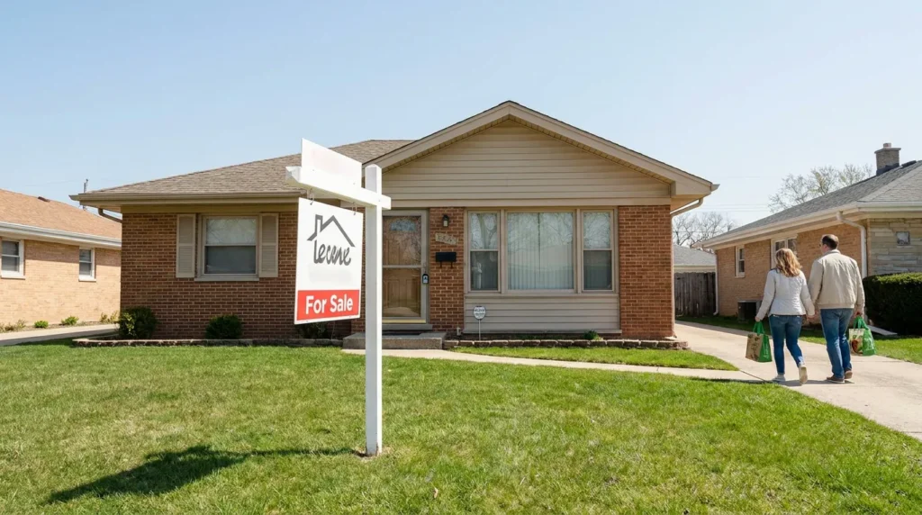 couple walking toward brick ranch home with For Sale sign in front yard