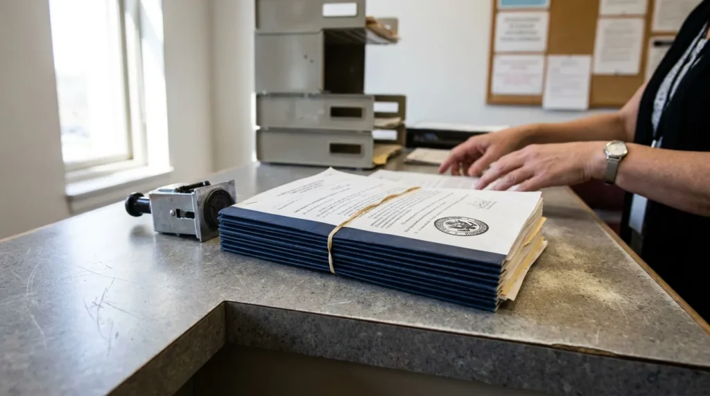 stack of official sealed legal documents bound with rubber band on clerk counter