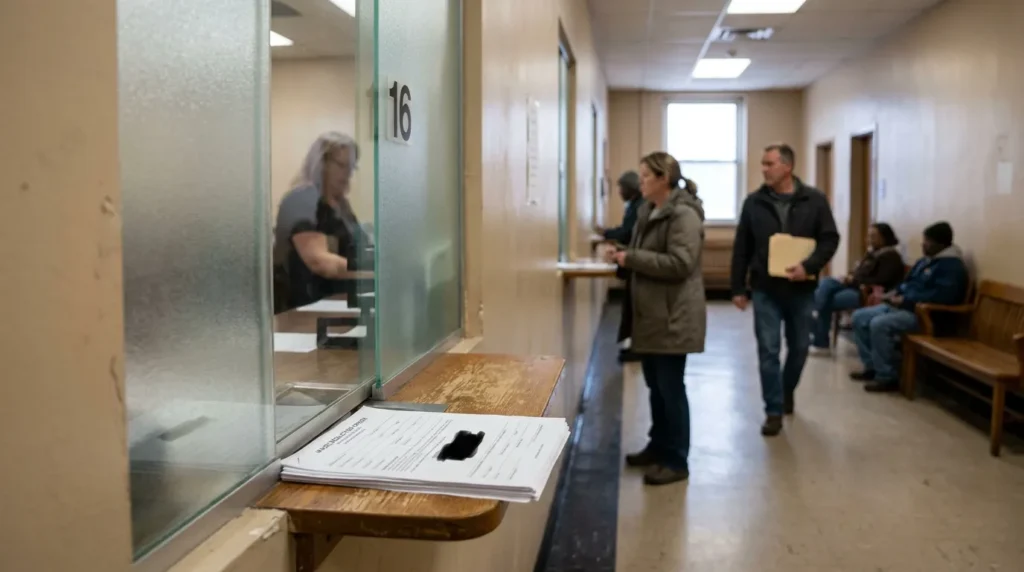 courthouse clerk window number 16 with people waiting holding legal documents