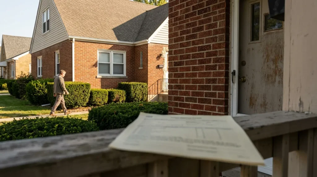 legal document on porch railing as man walks past brick residential homes