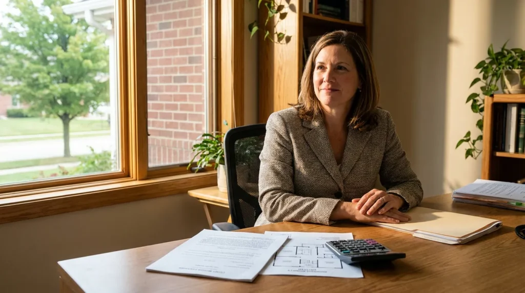 female attorney seated at desk with legal documents and calculator in office