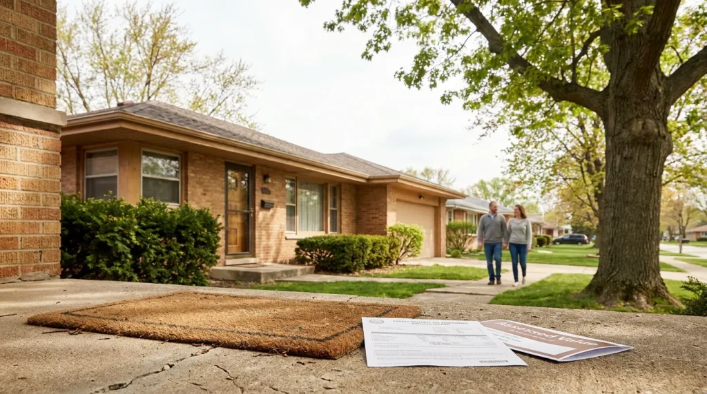 Assessed Value document on porch steps outside suburban brick home with couple approaching
