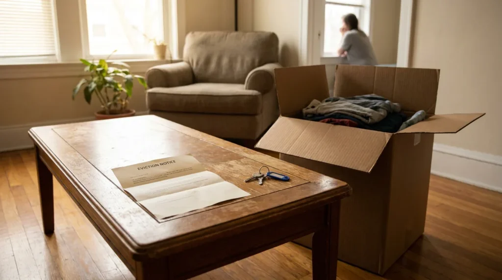 Eviction notice document and keys on table beside open moving box