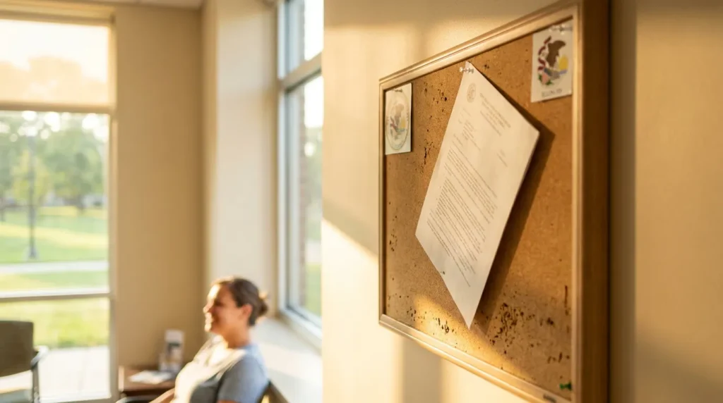 Illinois state seal pinned on office corkboard with posted legal document
