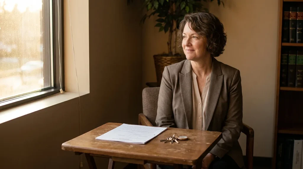 professional woman seated at desk with legal documents and keys beside law bookshelf