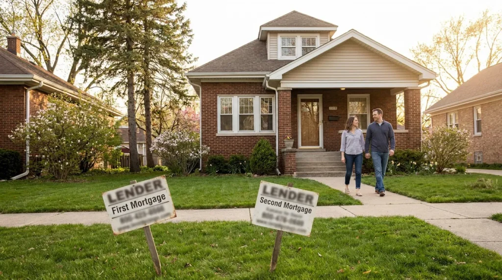 couple walking in front of brick home with Lender First and Second Mortgage yard signs