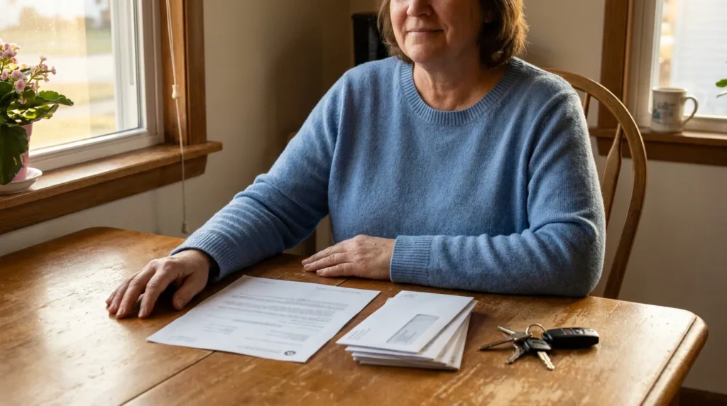 woman seated at wooden table reviewing documents and envelopes beside car keys