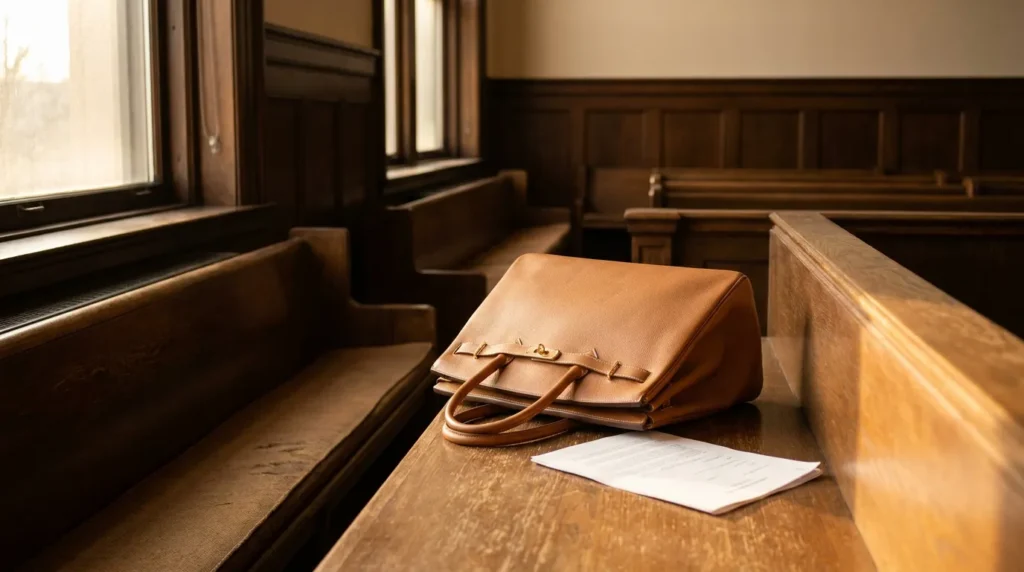 leather handbag and document resting on wooden courtroom bench
