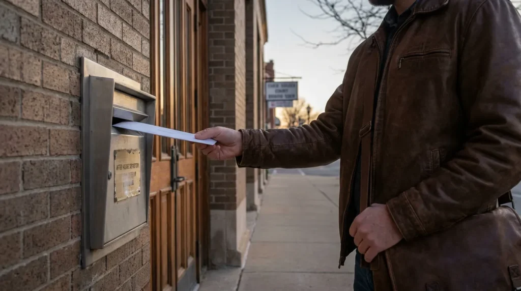 person inserting envelope into courthouse after-hours document drop slot
