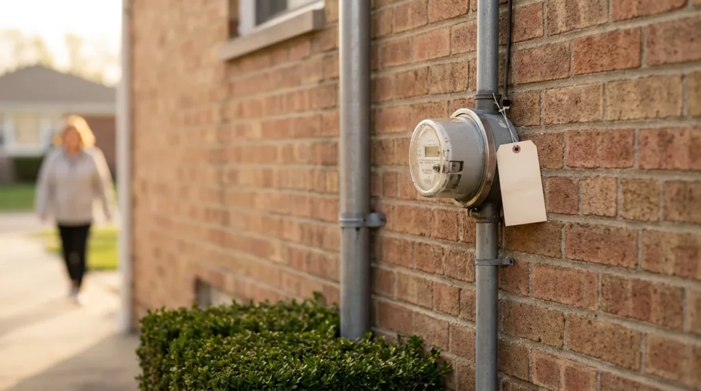 electric utility meter with blank tag mounted on exterior brick wall of residential building