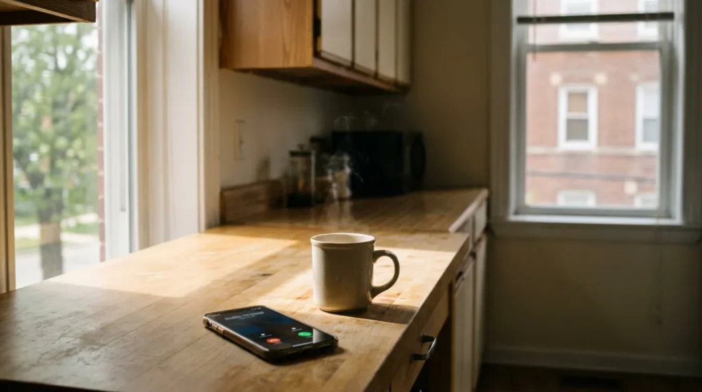 smartphone displaying incoming call beside steaming mug on kitchen counter